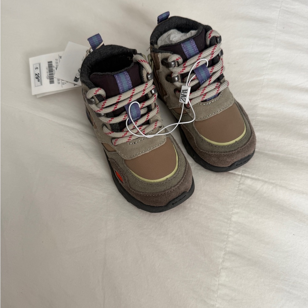 Brown and Gray High-Top Boots with Suede Accents